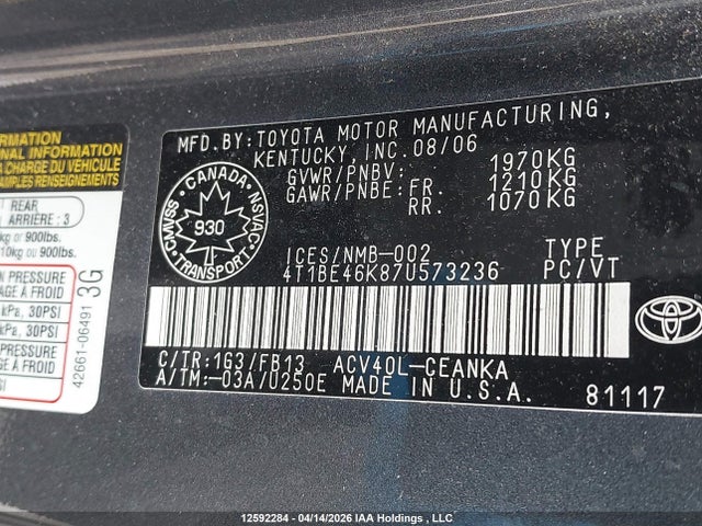 Aukcja sprzedaży 2007 Toyota Camry Ce/le/xle/se, vin: 4T1BE46K87U573236, numer aukcji: 12592284