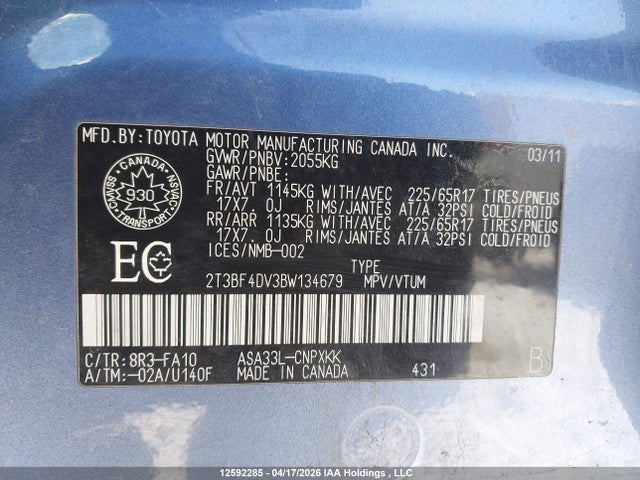2011 Toyota Rav4 მანქანა იყიდება აუქციონზე, vin: 2T3BF4DV3BW134679, აუქციონის ნომერი: 12592285