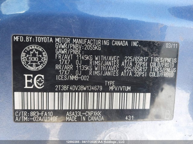 2011 Toyota Rav4 მანქანა იყიდება აუქციონზე, vin: 2T3BF4DV3BW134679, აუქციონის ნომერი: 12592285