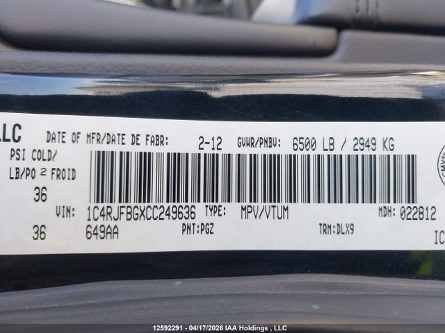 12592291 :رقم المزاد ، 1C4RJFBGXCC249636 vin ، 2012 Jeep Grand Cherokee Limited مزاد بيع