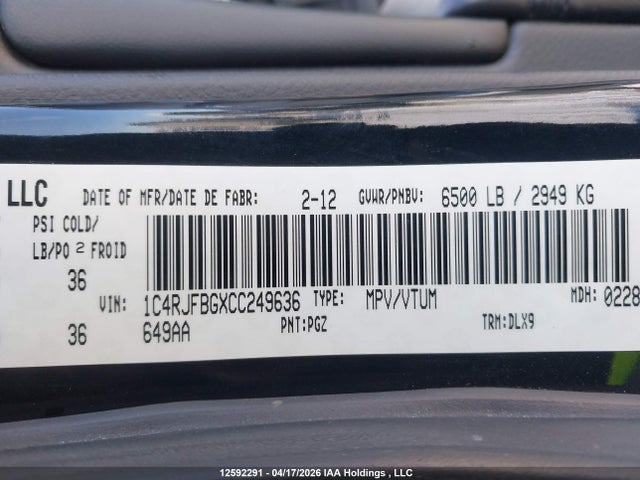 12592291 :رقم المزاد ، 1C4RJFBGXCC249636 vin ، 2012 Jeep Grand Cherokee Limited مزاد بيع