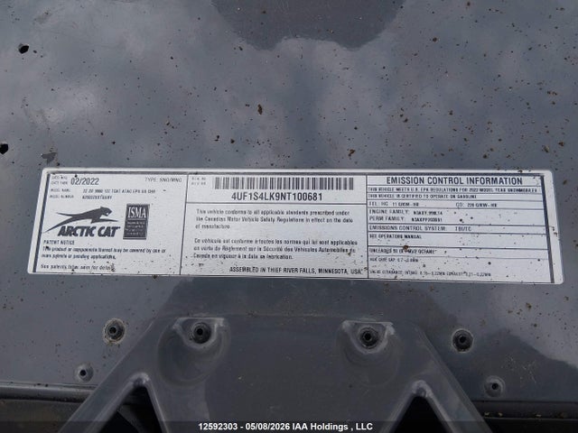 4UF1S4LK9NT100681 Arctic Cat Snowmobile