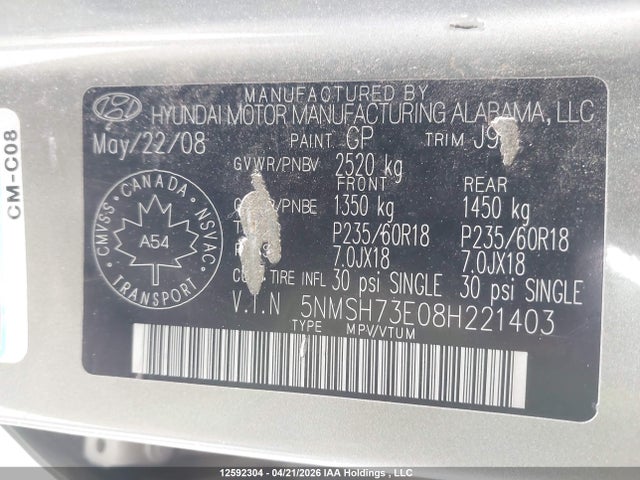 Продаж на аукціоні авто 2008 Hyundai Santa Fe Se/limited, vin: 5NMSH73E08H221403, номер лоту: 12592304