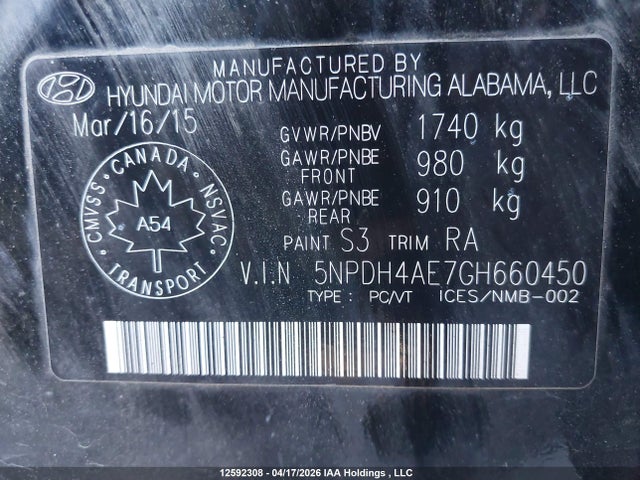 Aukcja sprzedaży 2016 Hyundai Elantra L, vin: 5NPDH4AE7GH660450, numer aukcji: 12592308