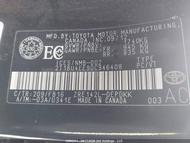 12592311 :رقم المزاد ، 2T1BU4EE9DC946408 vin ، 2013 Toyota Corolla S/le مزاد بيع