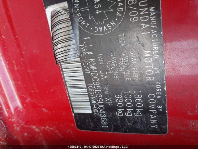 2009 Hyundai Elantra Touring მანქანა იყიდება აუქციონზე, vin: KMHDC85E39U043681, აუქციონის ნომერი: 12592312