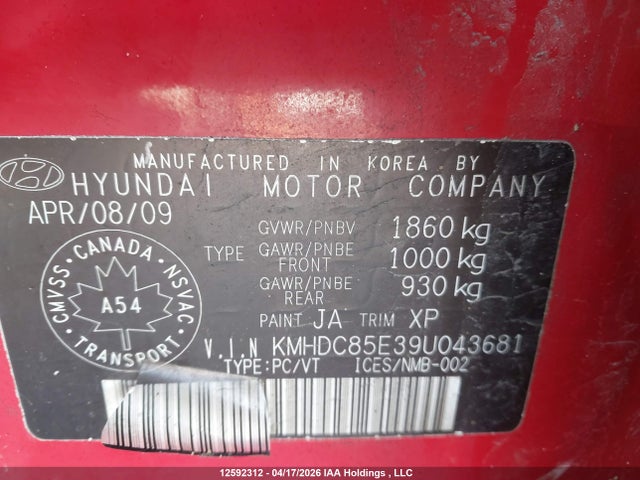 2009 Hyundai Elantra Touring მანქანა იყიდება აუქციონზე, vin: KMHDC85E39U043681, აუქციონის ნომერი: 12592312