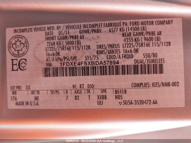 Aukcja sprzedaży 2011 Ford Econoline E450 Super Duty Cutwy Van, vin: 1FDXE4FSXBDA57894, numer aukcji: 12592314