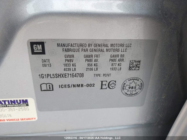 2014 Chevrolet Cruze Ls მანქანა იყიდება აუქციონზე, vin: 1G1PL5SHXE7164708, აუქციონის ნომერი: 12592316