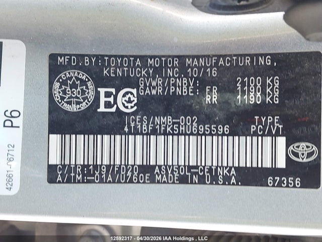 2017 Toyota Camry Le/xle/se/xse მანქანა იყიდება აუქციონზე, vin: 4T1BF1FK5HU695596, აუქციონის ნომერი: 12592317