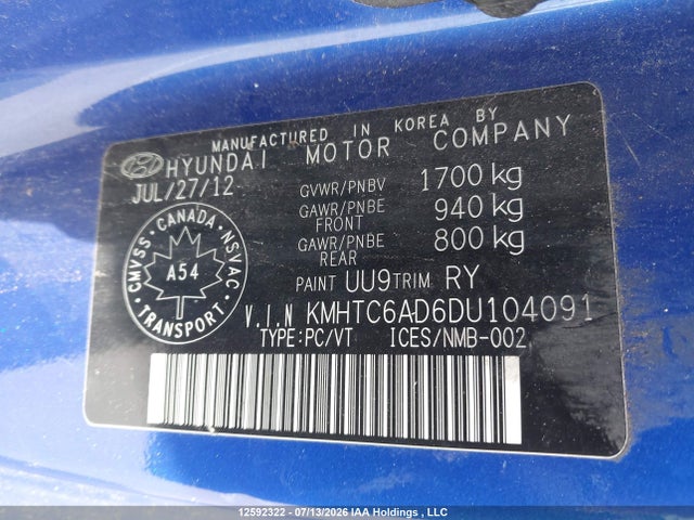 2013 Hyundai Veloster Tech მანქანა იყიდება აუქციონზე, vin: KMHTC6AD6DU104091, აუქციონის ნომერი: 12592322