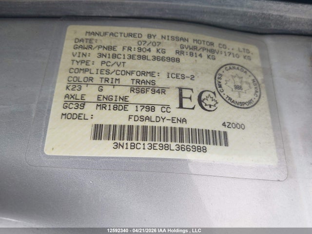 2008 Nissan Versa 1.8s მანქანა იყიდება აუქციონზე, vin: 3N1BC13E98L366988, აუქციონის ნომერი: 12592340