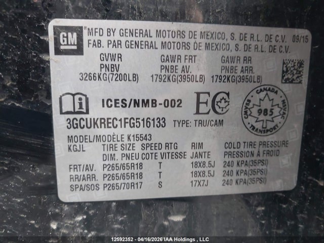 3GCUKREC1FG516133 Chevrolet Silverado 1500 1lt/2lt