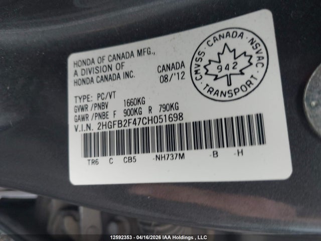 Продаж на аукціоні авто 2012 Honda Civic Lx, vin: 2HGFB2F47CH051698, номер лоту: 12592353