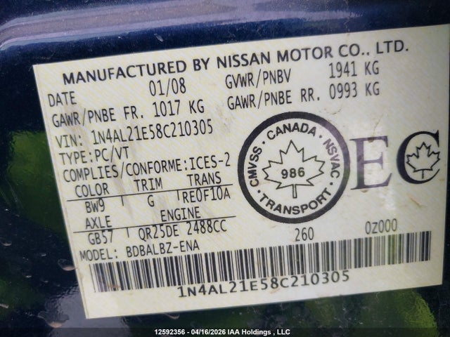 Продажа на аукционе авто 2008 Nissan Altima 2.5/2.5s, vin: 1N4AL21E58C210305, номер лота: 12592356
