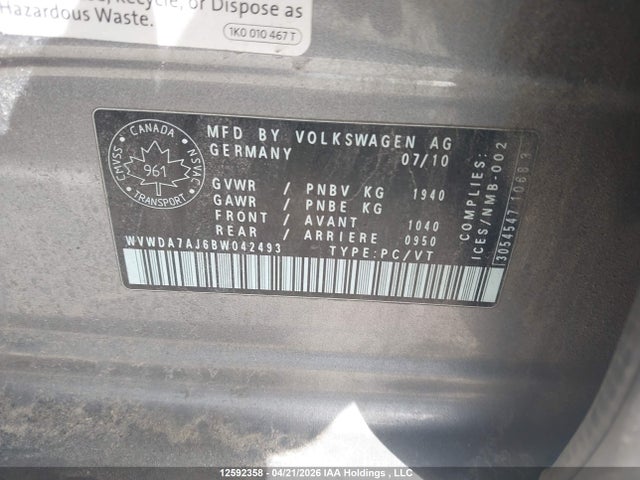 Продажа на аукционе авто 2011 Volkswagen Golf, vin: WVWDA7AJ6BW042493, номер лота: 12592358