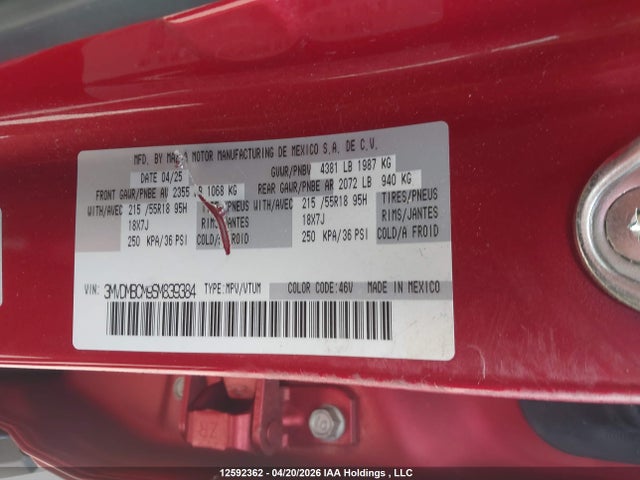 12592362 :رقم المزاد ، 3MVDMBCM9SM839384 vin ، 2025 Mazda Cx-30 Gs مزاد بيع