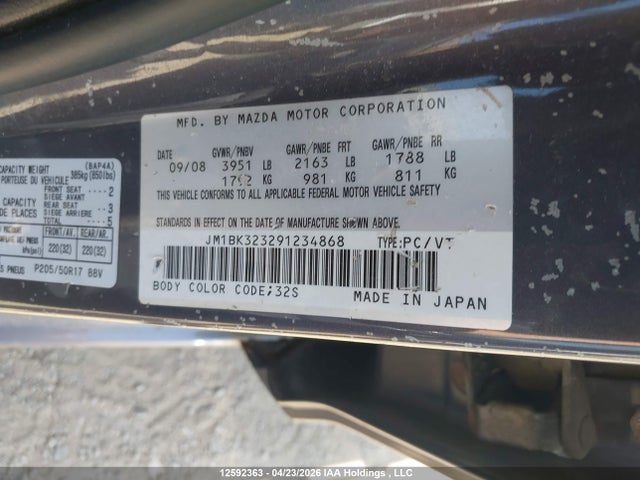 Aukcja sprzedaży 2009 Mazda 3 S, vin: JM1BK323291234868, numer aukcji: 12592363