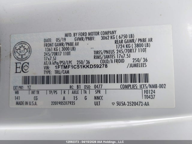 2019 Ford F-150 Xl მანქანა იყიდება აუქციონზე, vin: 1FTMF1C51KKD59278, აუქციონის ნომერი: 12592373