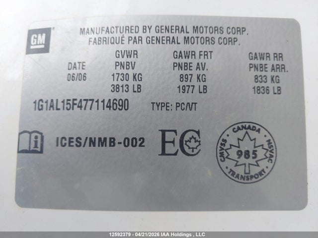 2007 Chevrolet Cobalt Lt მანქანა იყიდება აუქციონზე, vin: 1G1AL15F477114690, აუქციონის ნომერი: 12592379