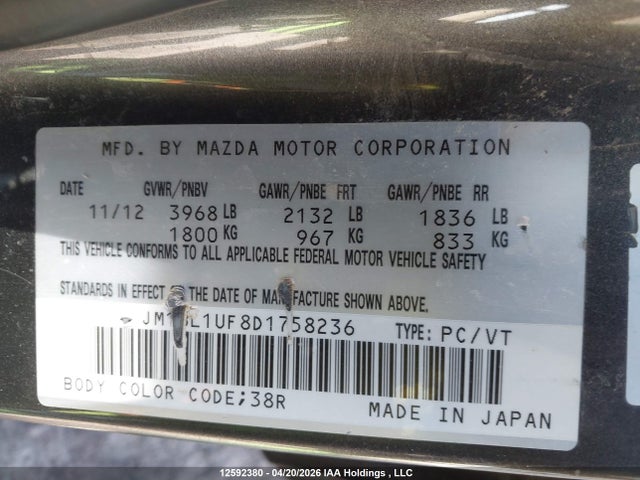 Aukcja sprzedaży 2013 Mazda 3 I, vin: JM1BL1UF8D1758236, numer aukcji: 12592380