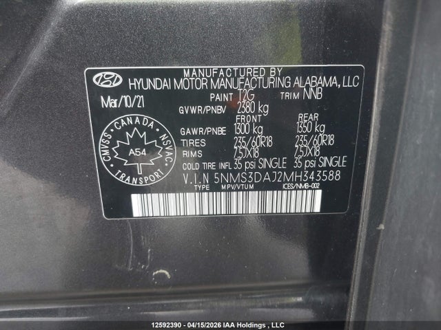 5NMS3DAJ2MH343588 Hyundai Santa Fe Sel