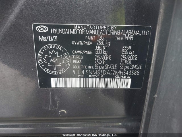 2021 Hyundai Santa Fe Sel მანქანა იყიდება აუქციონზე, vin: 5NMS3DAJ2MH343588, აუქციონის ნომერი: 12592390