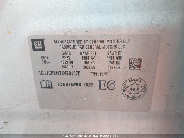 Aukcja sprzedaży 2014 Chevrolet Sonic Lt Auto, vin: 1G1JC6EH2E4201470, numer aukcji: 12592391