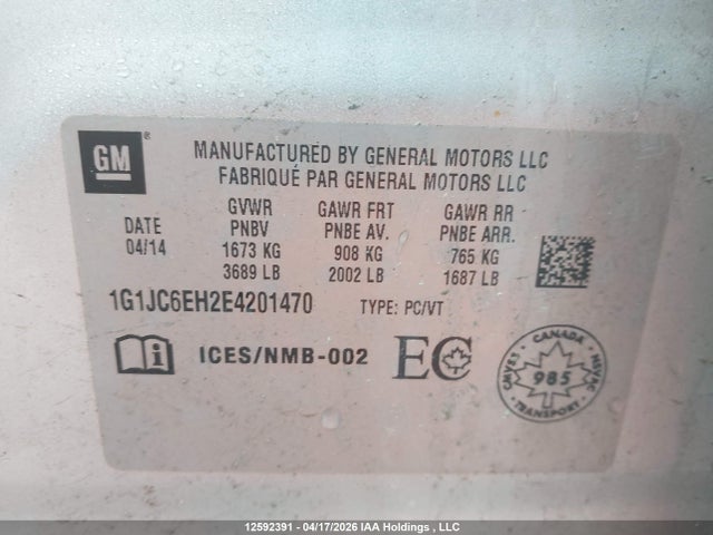 Aukcja sprzedaży 2014 Chevrolet Sonic Lt Auto, vin: 1G1JC6EH2E4201470, numer aukcji: 12592391