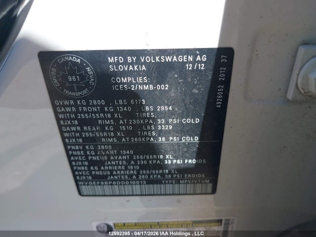 2013 Volkswagen Touareg V6 მანქანა იყიდება აუქციონზე, vin: WVGEF9BP6DD010013, აუქციონის ნომერი: 12592395