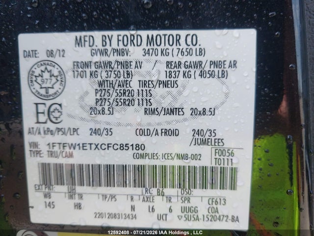 2012 Ford F150 Supercrew მანქანა იყიდება აუქციონზე, vin: 1FTFW1ETXCFC85180, აუქციონის ნომერი: 12592408