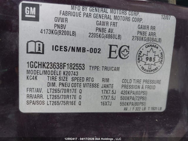 2008 Chevrolet Silverado 2500hd მანქანა იყიდება აუქციონზე, vin: 1GCHK23638F182553, აუქციონის ნომერი: 12592417