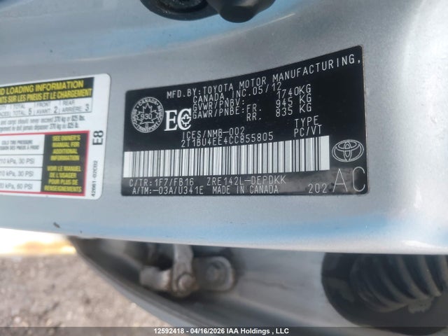 12592418 :رقم المزاد ، 2T1BU4EE4CC855805 vin ، 2012 Toyota Corolla Ce مزاد بيع