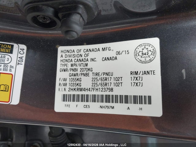 Продажа на аукционе авто 2015 Honda Cr-v Se, vin: 2HKRM4H47FH123798, номер лота: 12592430