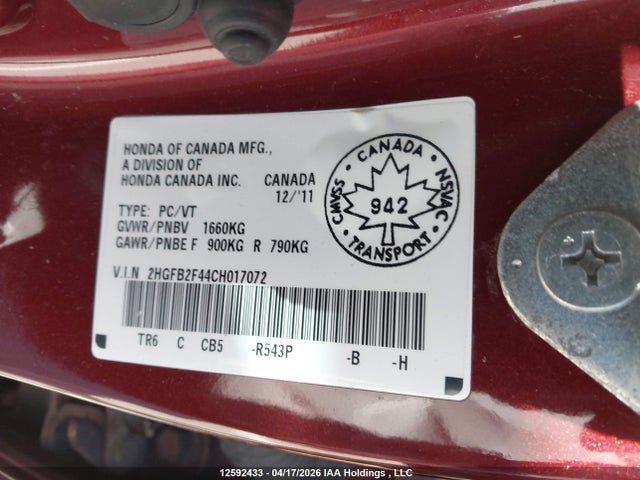 Продажа на аукционе авто 2012 Honda Civic Lx, vin: 2HGFB2F44CH017072, номер лота: 12592433