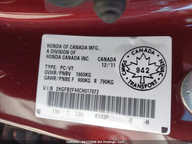 Продажа на аукционе авто 2012 Honda Civic Lx, vin: 2HGFB2F44CH017072, номер лота: 12592433