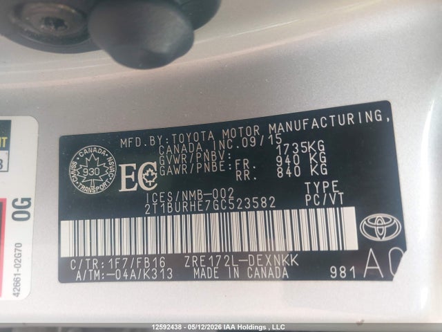 12592438 :رقم المزاد ، 2T1BURHE7GC523582 vin ، 2016 Toyota Corolla مزاد بيع