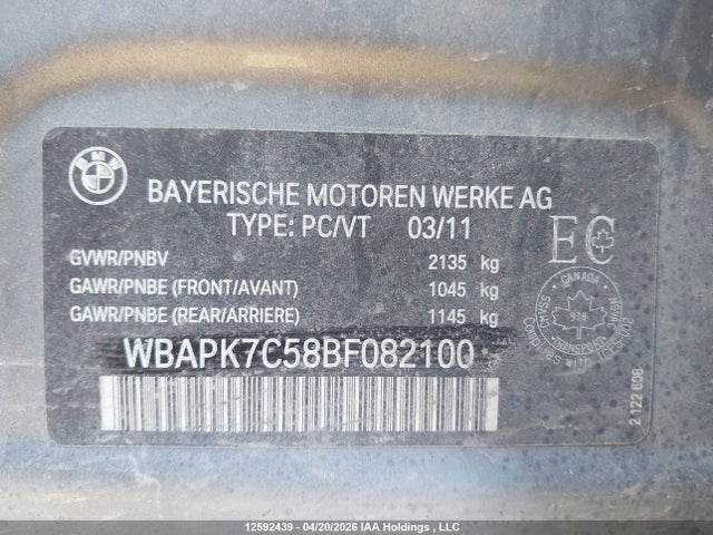 12592439 :رقم المزاد ، WBAPK7C58BF082100 vin ، 2011 Bmw 328 Xi مزاد بيع