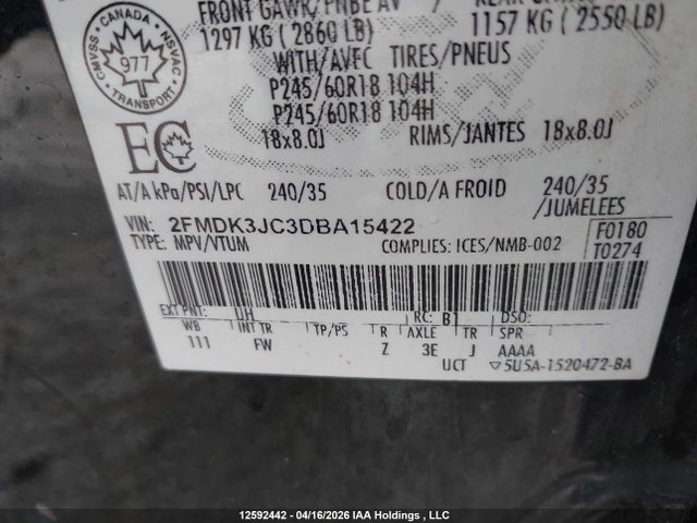 2013 Ford Edge Sel მანქანა იყიდება აუქციონზე, vin: 2FMDK3JC3DBA15422, აუქციონის ნომერი: 12592442