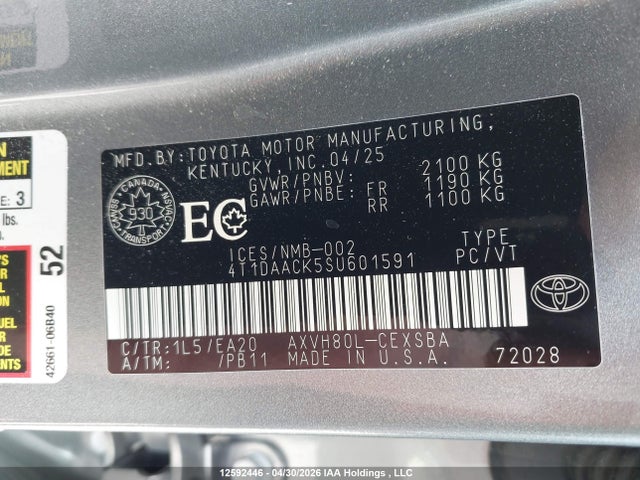 12592446 :رقم المزاد ، 4T1DAACK5SU601591 vin ، 2025 Toyota Camry Se مزاد بيع