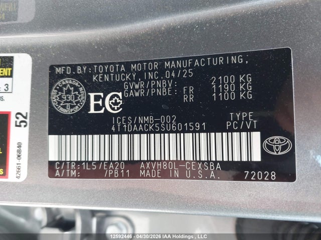 12592446 :رقم المزاد ، 4T1DAACK5SU601591 vin ، 2025 Toyota Camry Se مزاد بيع