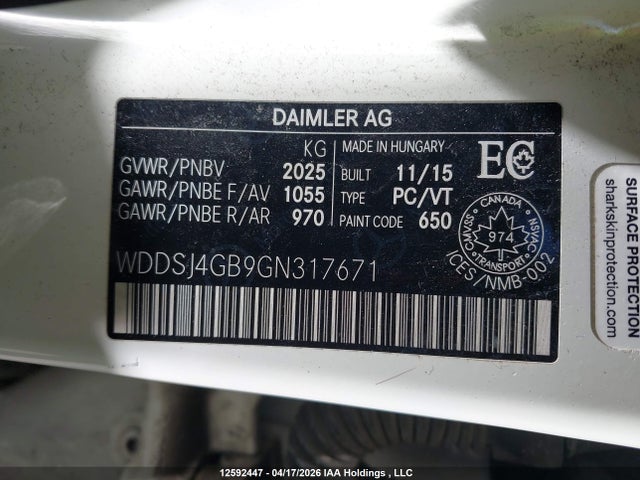 Aukcja sprzedaży 2016 Mercedes-benz Cla 250 4matic, vin: WDDSJ4GB9GN317671, numer aukcji: 12592447