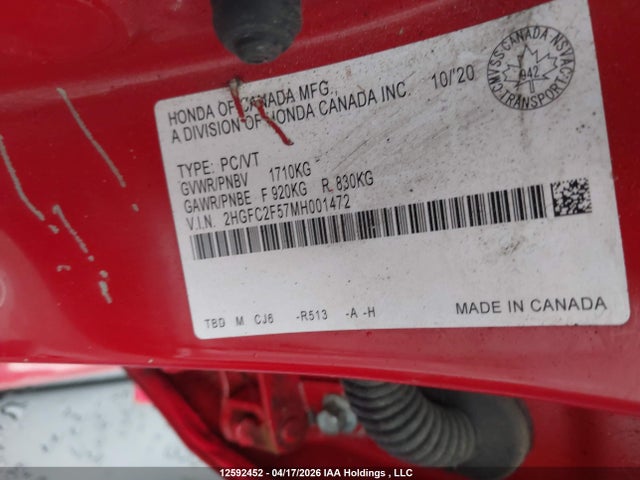 Продаж на аукціоні авто 2021 Honda Civic, vin: 2HGFC2F57MH001472, номер лоту: 12592452
