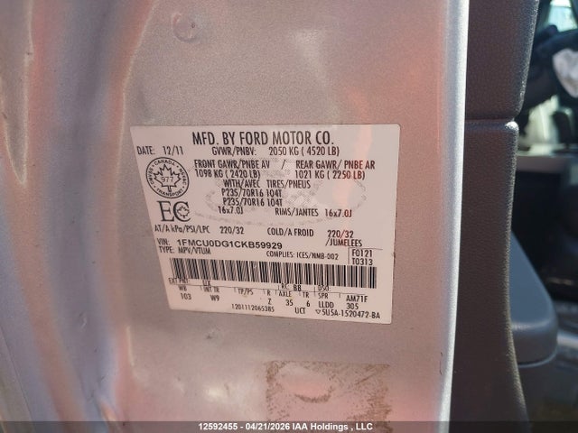 12592455 :رقم المزاد ، 1FMCU0DG1CKB59929 vin ، 2012 Ford Escape Xlt مزاد بيع