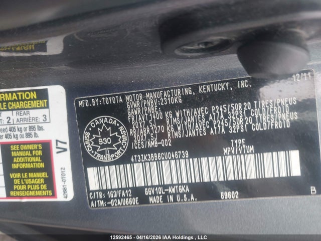 12592465 :رقم المزاد ، 4T3ZK3BB6CU046739 vin ، 2012 Toyota Venza Base V6 مزاد بيع