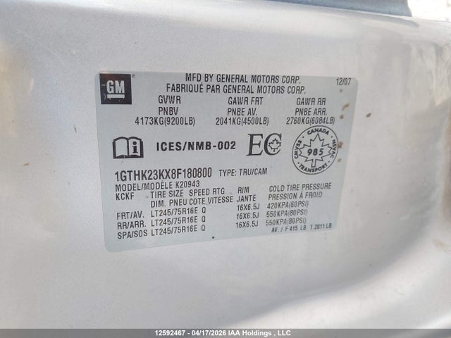 Aukcja sprzedaży 2008 Gmc Sierra K2500 Heavy Duty, vin: 1GTHK23KX8F180800, numer aukcji: 12592467