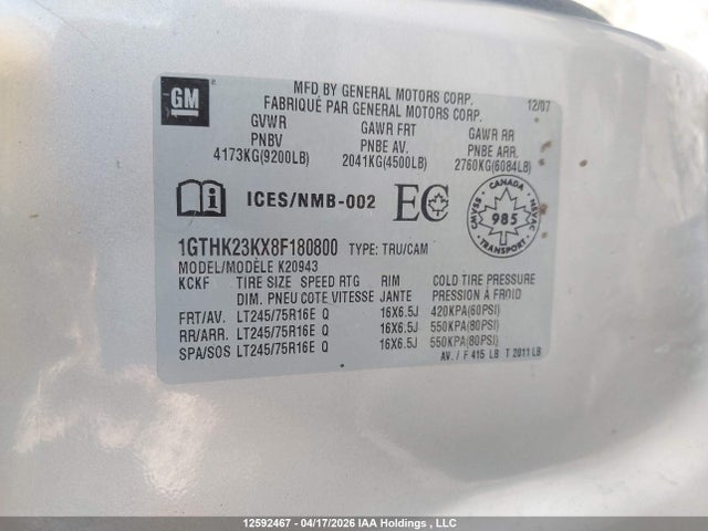 Aukcja sprzedaży 2008 Gmc Sierra K2500 Heavy Duty, vin: 1GTHK23KX8F180800, numer aukcji: 12592467