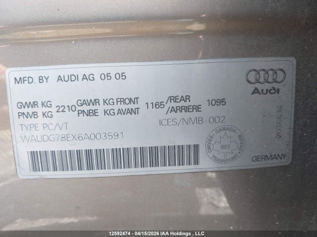 Продаж на аукціоні авто 2006 Audi A4 3.2 Quattro, vin: WAUDG78EX6A003591, номер лоту: 12592474