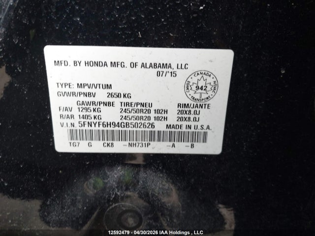 5FNYF6H94GB502626 Honda Pilot Touring