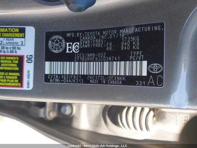 12592482 :رقم المزاد ، 2T1BURHE9JC038741 vin ، 2018 Toyota Corolla Le مزاد بيع